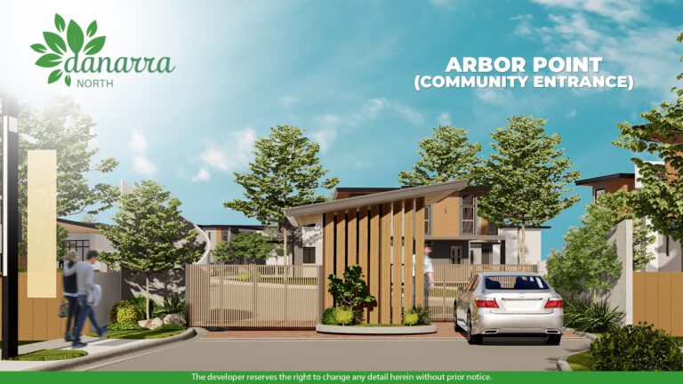 Artist's perspective of Danarra North's Arbor Point, a welcoming community entrance featuring a modern wooden gate design, lush landscaping, and a paved driveway in a serene residential setting