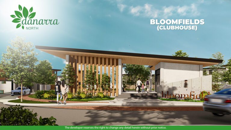 Artist's perspective of Danarra North's Bloomfields clubhouse, featuring a modern architectural design with wooden accents, landscaped surroundings, and residents walking and socializing in the inviting communal space.