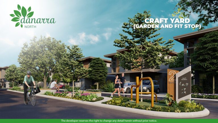 Artist's perspective of Danarra North's Craft Yard, a garden and fitness stop featuring outdoor exercise equipment, lush greenery, and pathways, with a cyclist, joggers, and a relaxing seating area in a serene residential setting.