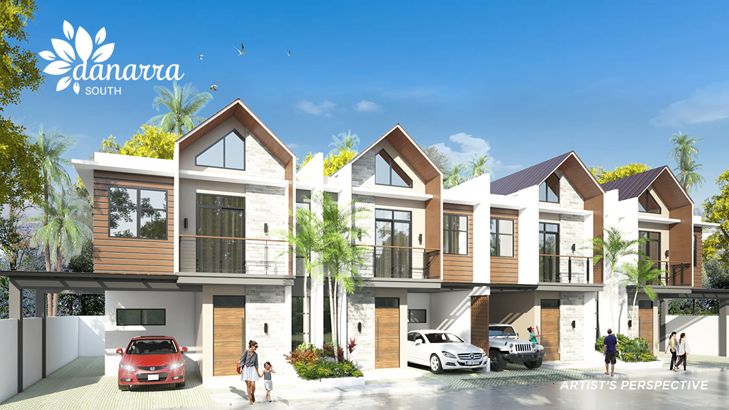 Artist's perspective of Danarra South, showcasing modern two-story townhouses with sleek architecture, large windows, carports, and landscaped surroundings under a clear blue sky.