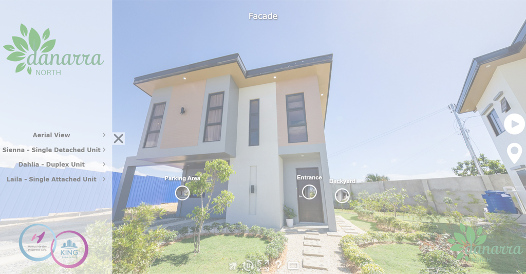 Facade of a modern two-story home in Danarra North, surrounded by a landscaped garden, with labeled interactive points for parking area, entrance, and backyard, showcasing a bright and sunny residential setting.