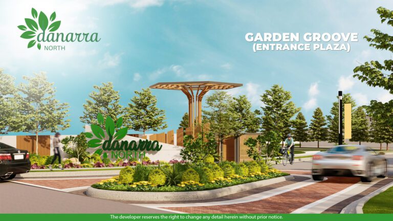 Artist's perspective of Danarra North's Garden Groove entrance plaza, featuring lush landscaping, a modern canopy structure, and a welcoming sign surrounded by greenery, with a cyclist and a car passing by.