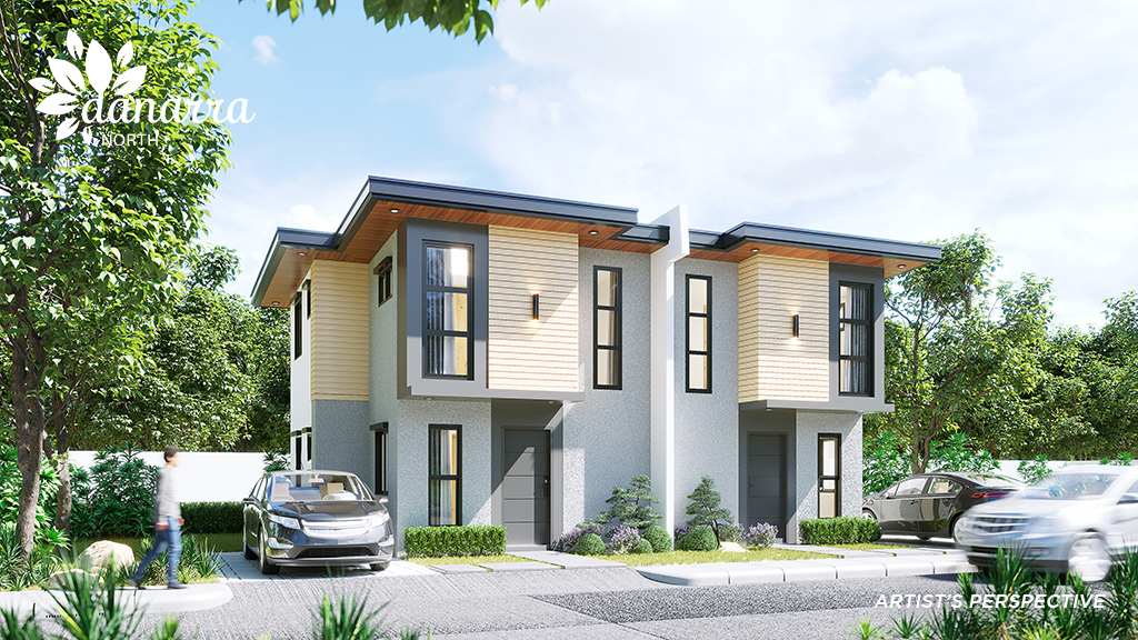 Artist's perspective of Danarra North, featuring a pair of modern two-story homes with minimalist design, surrounded by greenery and parked vehicles in a serene residential setting.